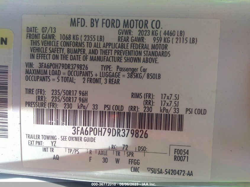 2013 FORD FUSION SE - 3FA6P0H79DR379826