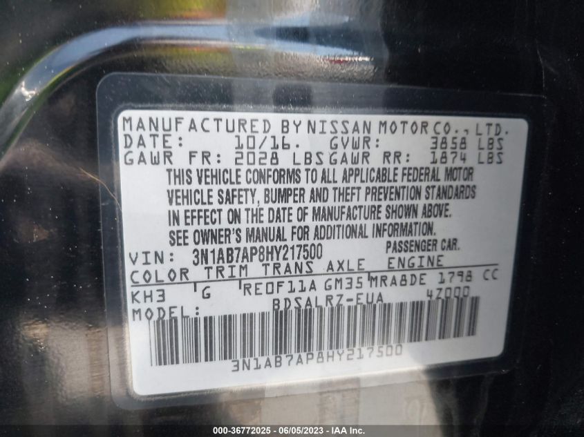 2017 NISSAN SENTRA S/SV/SR/SL - 3N1AB7AP8HY217500