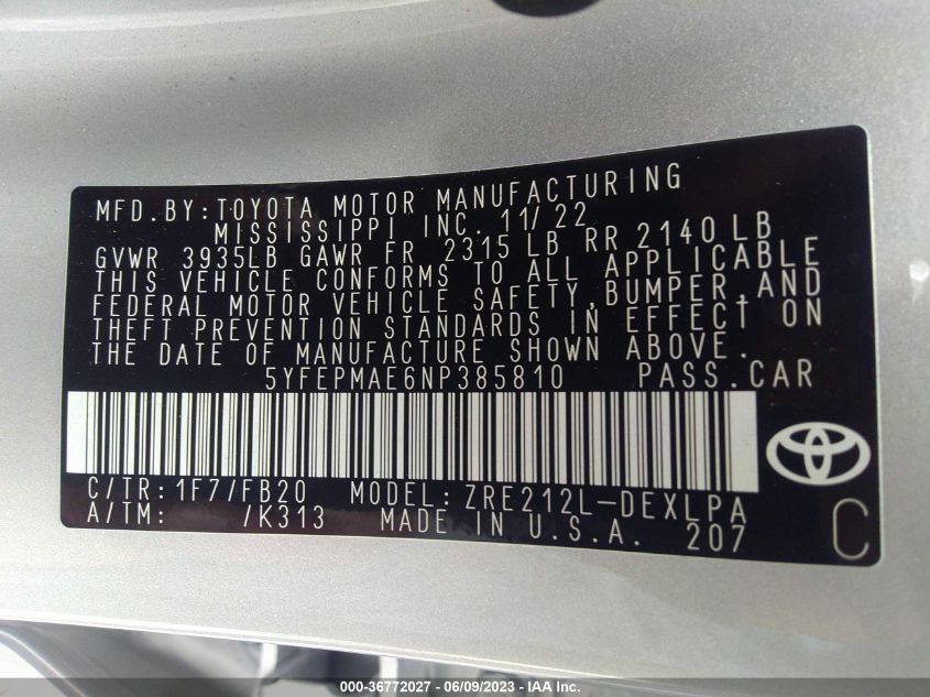 2022 TOYOTA COROLLA LE - 5YFEPMAE6NP385810