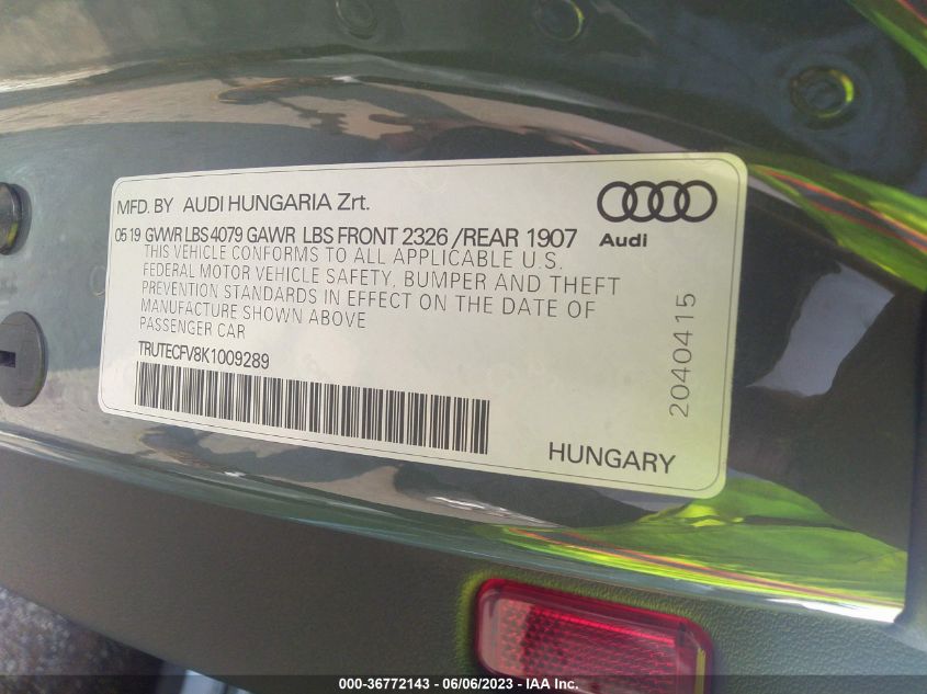2019 AUDI TT ROADSTER TRUTECFV8K1009289