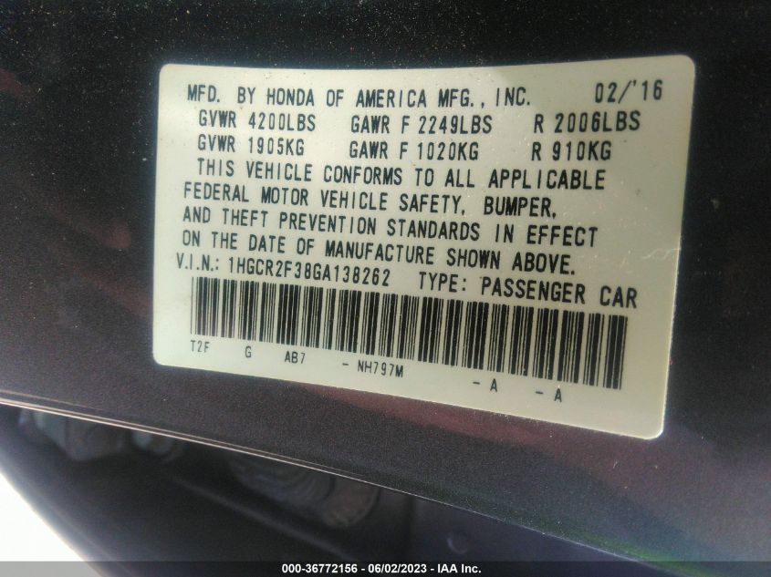 2016 HONDA ACCORD SEDAN LX - 1HGCR2F38GA138262