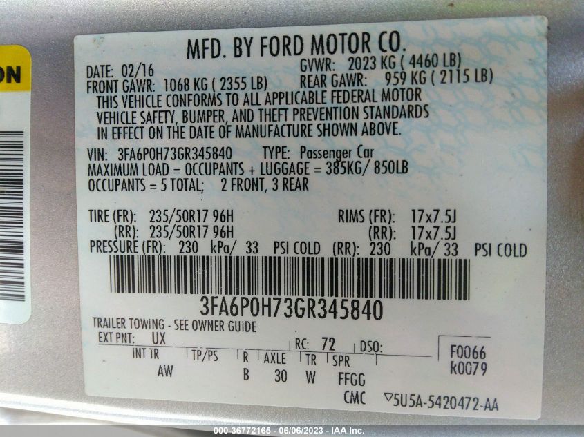 2016 FORD FUSION SE - 3FA6P0H73GR345840