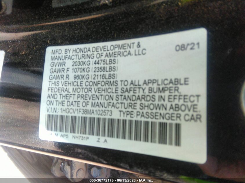 2021 HONDA ACCORD SEDAN SPORT - 1HGCV1F38MA102573