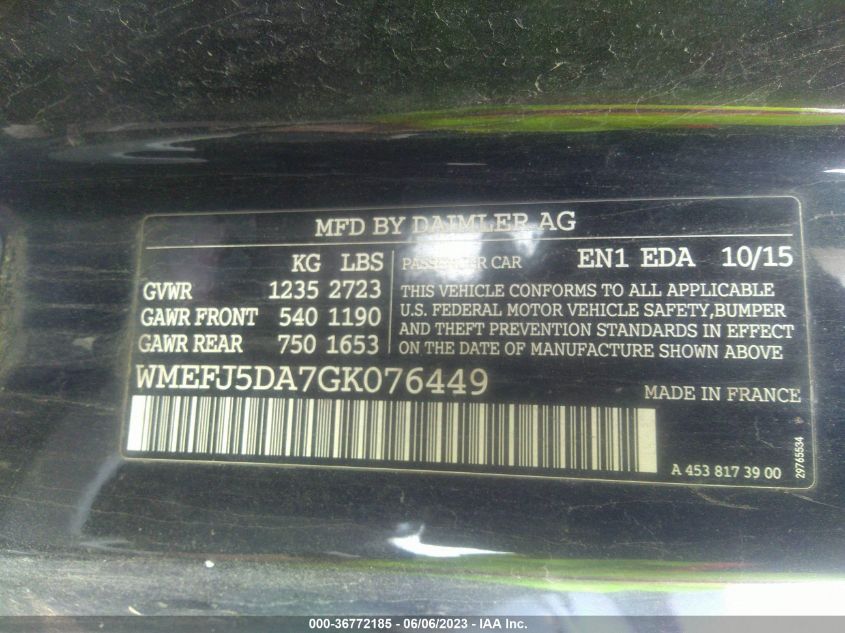 2016 SMART FORTWO PASSION/PURE/PRIME/PROXY WMEFJ5DA7GK076449