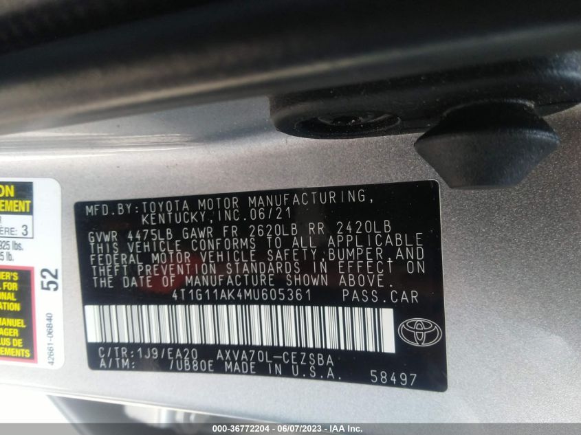2021 TOYOTA CAMRY SE - 4T1G11AK4MU605361