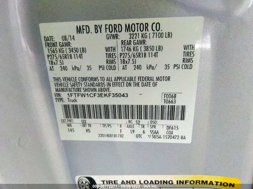 2014 FORD F-150 XL/STX/XLT/FX2/LARIAT - 1FTFW1CF3EKF35043