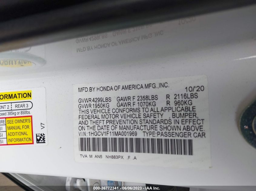2021 HONDA ACCORD SEDAN LX - 1HGCV1F11MA001969