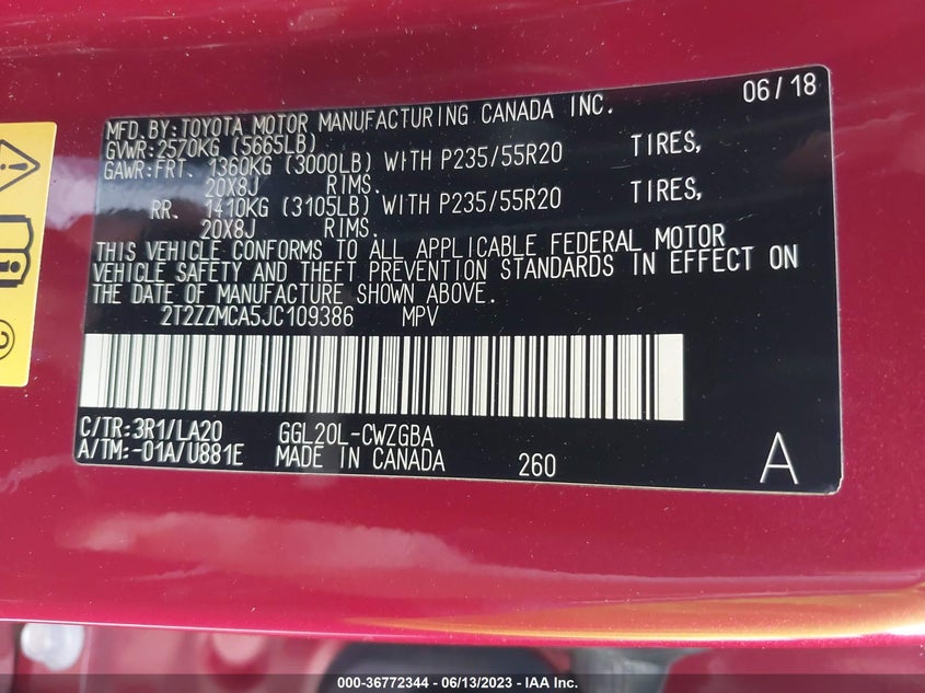 VIN 2T2ZZMCA5JC109386 2018 LEXUS RX RX 350