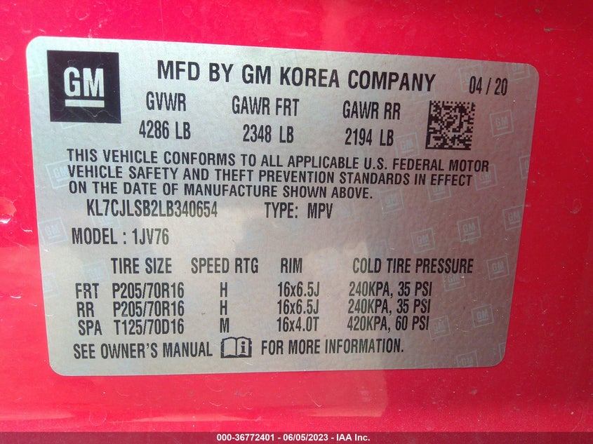 VIN KL7CJLSB2LB340654 2020 CHEVROLET TRAX LT