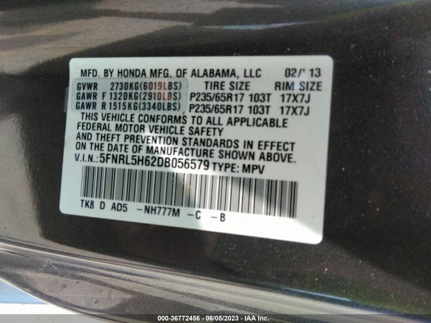 2013 HONDA ODYSSEY EX-L - 5FNRL5H62DB056579