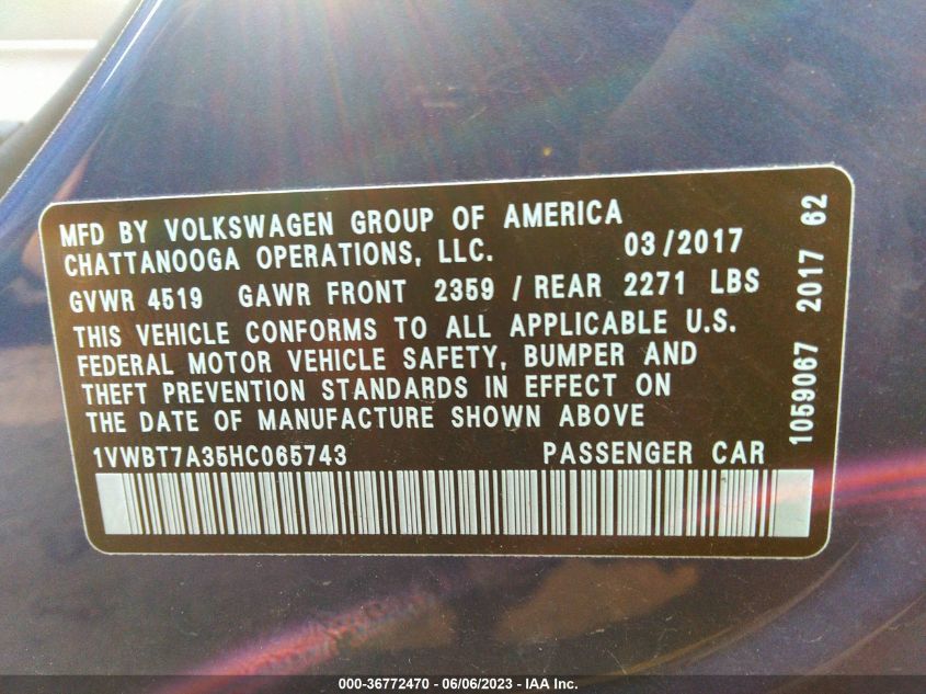 2017 VOLKSWAGEN PASSAT 1.8T SE - 1VWBT7A35HC065743