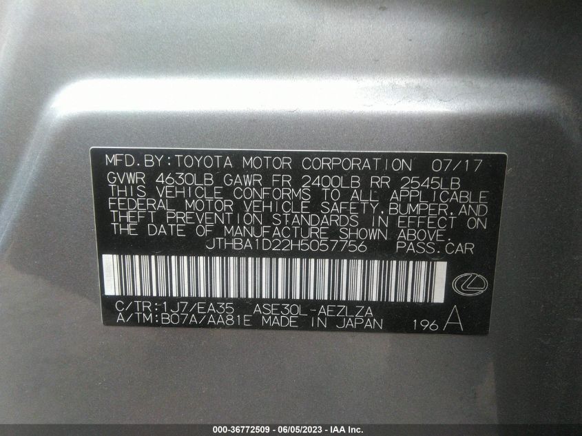 2017 LEXUS IS IS TURBO - JTHBA1D22H5057756