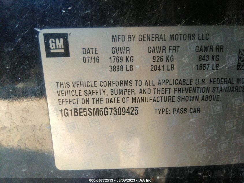 2016 CHEVROLET CRUZE LT - 1G1BE5SM6G7309425