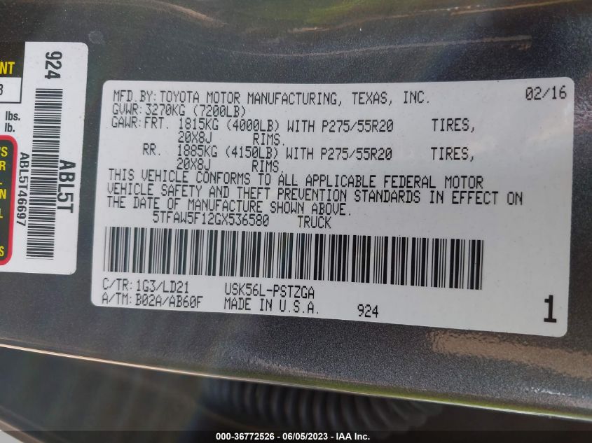 2016 TOYOTA TUNDRA 4WD TRUCK PLATINUM/1794 5TFAW5F12GX536580