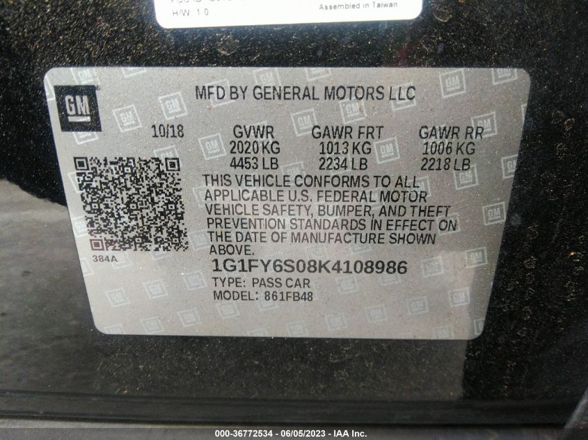 2019 CHEVROLET BOLT EV LT - 1G1FY6S08K4108986