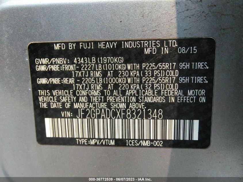 2015 SUBARU XV CROSSTREK PREMIUM - JF2GPADCXF8321348