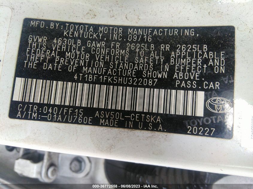 2017 TOYOTA CAMRY XLE/SE/LE/XSE - 4T1BF1FK5HU322087