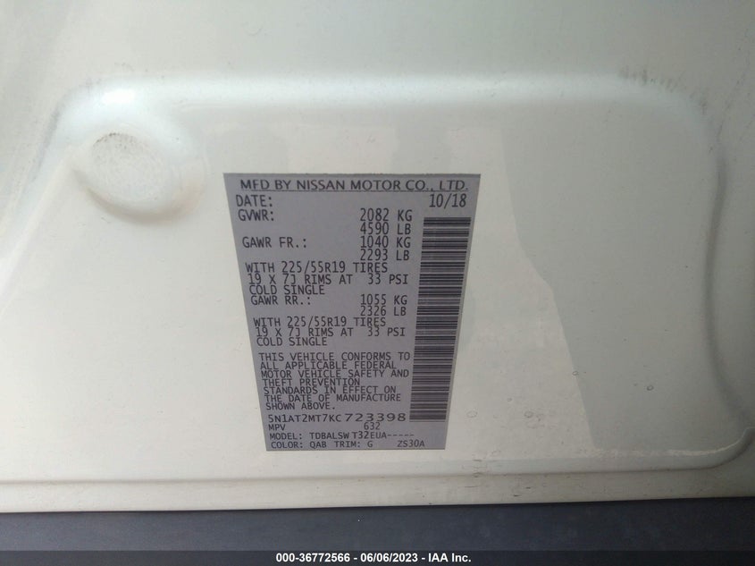 VIN 5N1AT2MT7KC723398 2019 NISSAN ROGUE SL