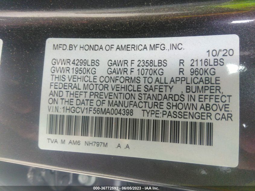 2021 HONDA ACCORD SEDAN EX-L - 1HGCV1F56MA004398