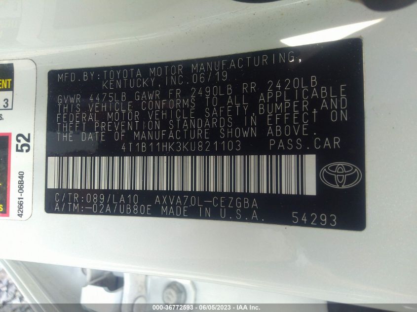 2019 TOYOTA CAMRY XLE - 4T1B11HK3KU821103