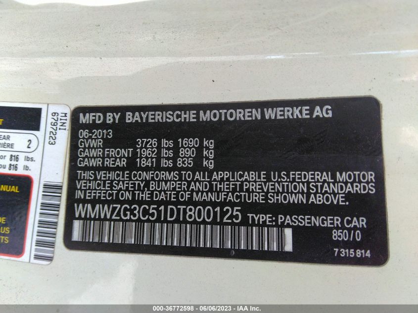 2013 MINI COOPER CLUBMAN S WMWZG3C51DT800125