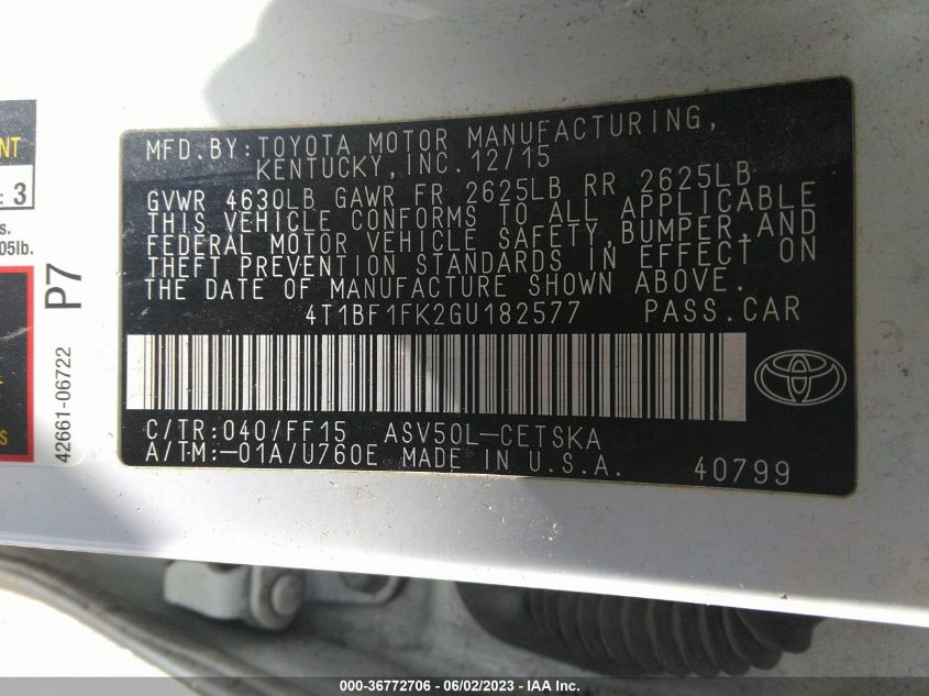 2016 TOYOTA CAMRY XLE/SE/LE/XSE - 4T1BF1FK2GU182577