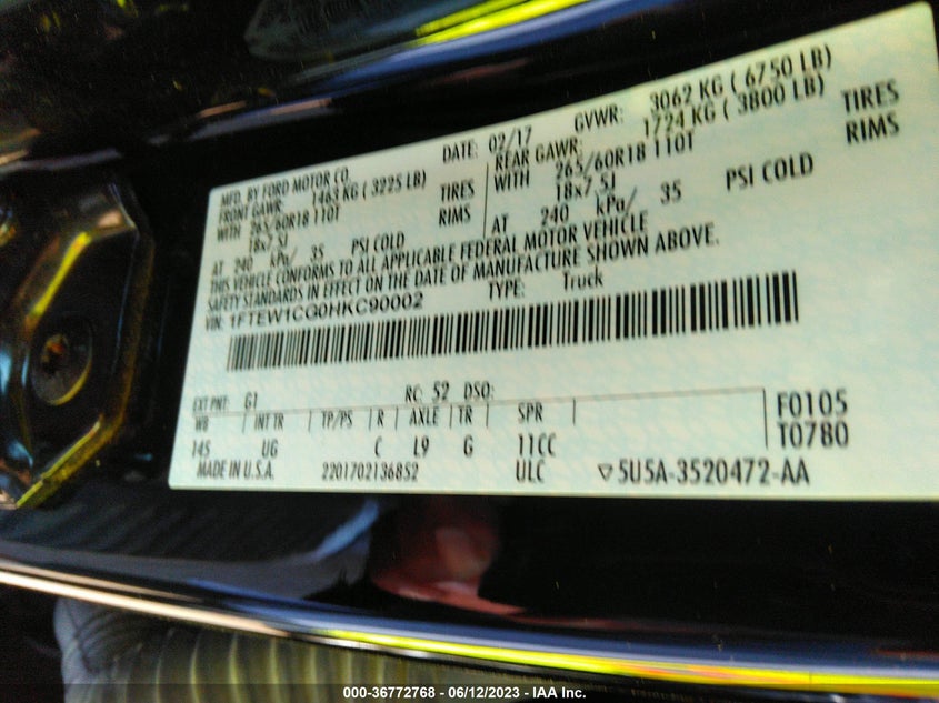 VIN 1FTEW1CG0HKC90002 2017 FORD F-150 XL/XLT/LARIAT