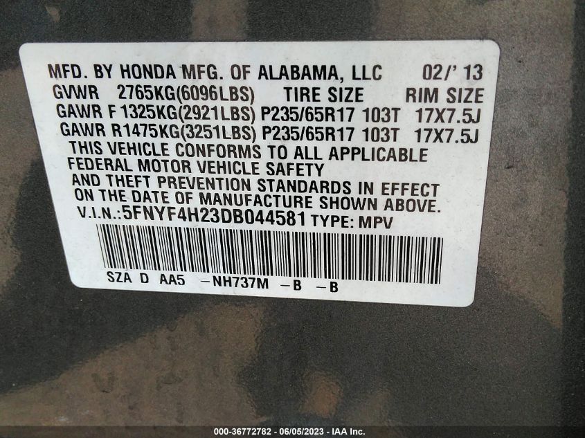 2013 HONDA PILOT LX - 5FNYF4H23DB044581