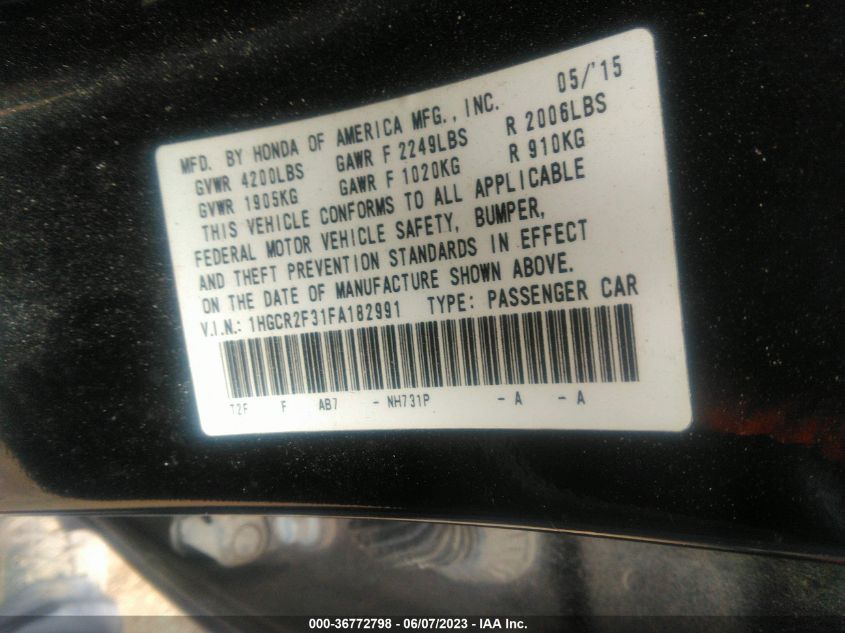 2015 HONDA ACCORD SEDAN LX - 1HGCR2F31FA182991