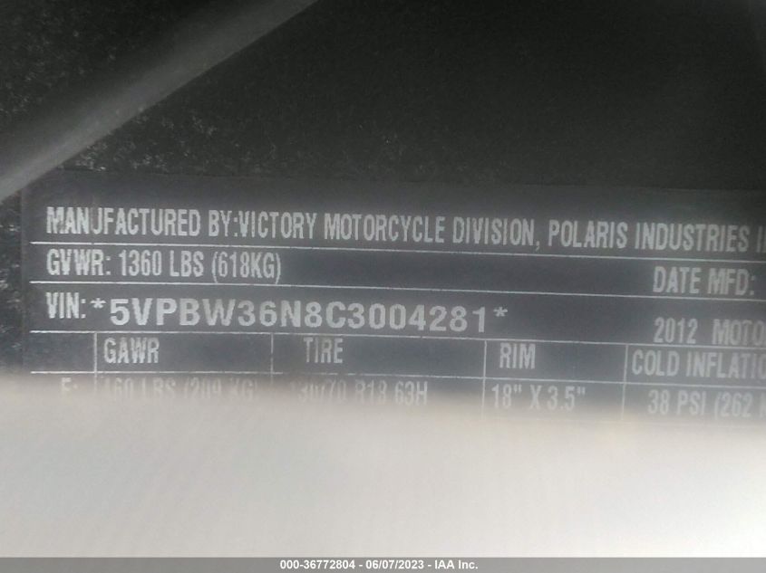 2012 VICTORY MOTORCYCLES CROSS ROADS CUSTOM/LE 5VPBW36N8C3004281