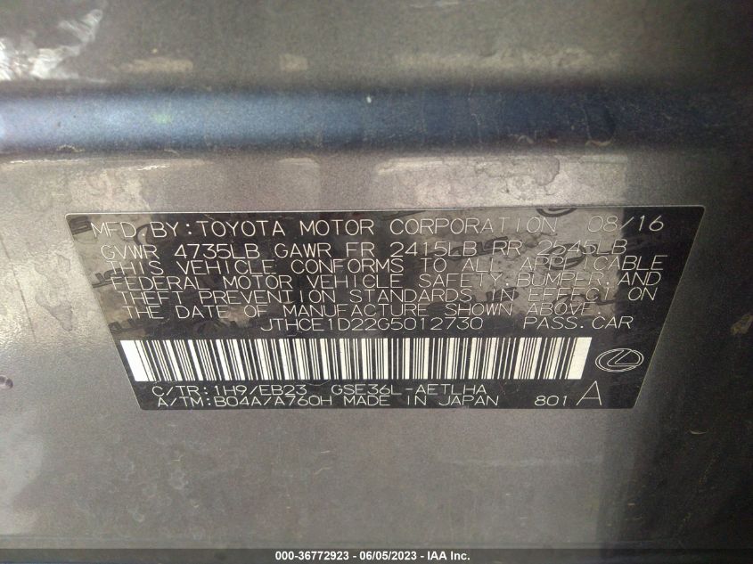2016 LEXUS IS 350 - JTHCE1D22G5012730