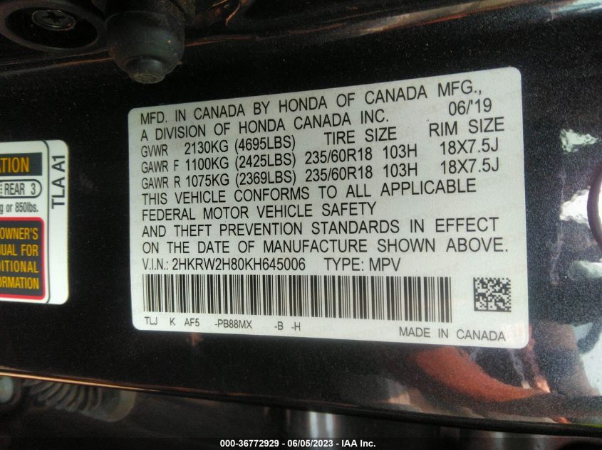 2019 HONDA CR-V EX-L - 2HKRW2H80KH645006