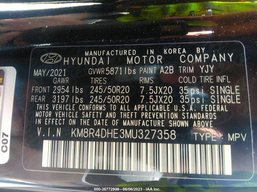VIN KM8R4DHE3MU327358 2021 HYUNDAI PALISADE SEL