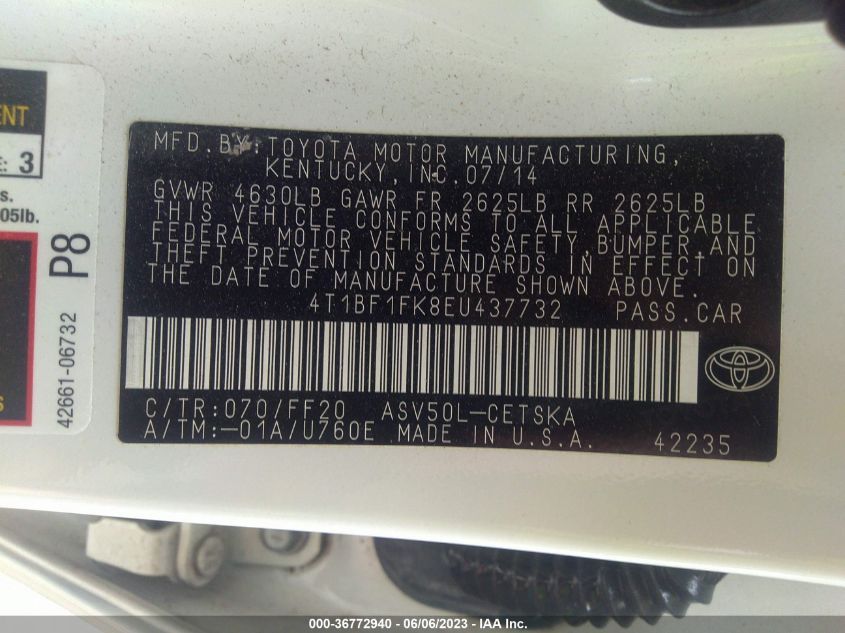2014 TOYOTA CAMRY L/LE/XLE/SE/SE SPORT - 4T1BF1FK8EU437732