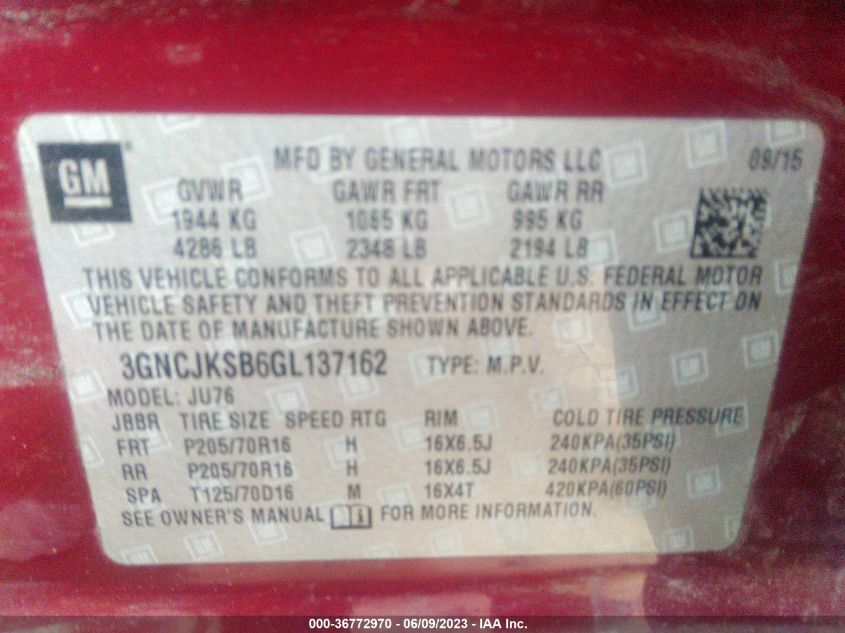 2016 CHEVROLET TRAX LS - 3GNCJKSB6GL137162
