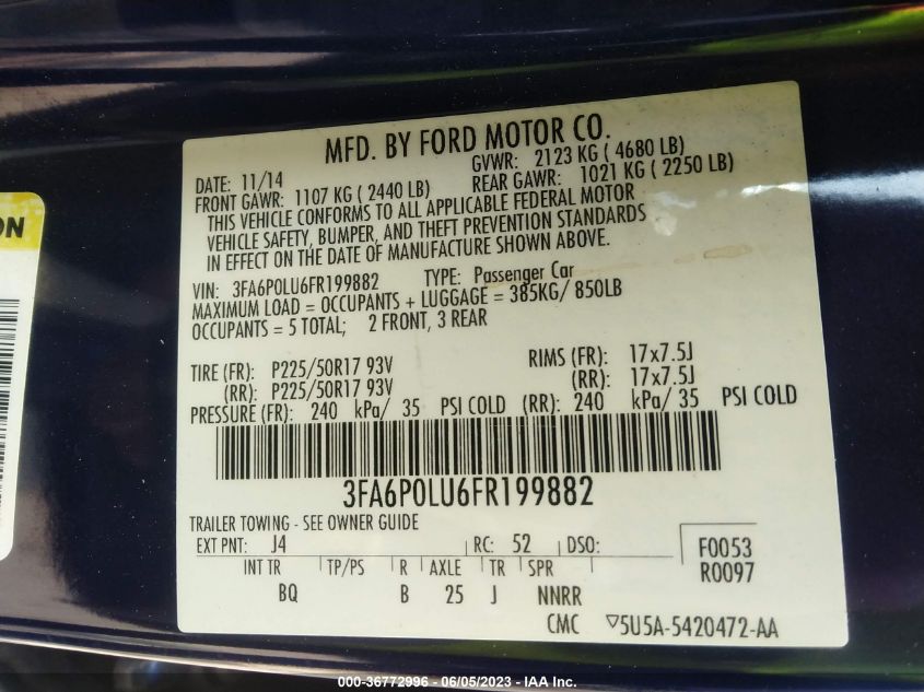 2015 FORD FUSION SE HYBRID - 3FA6P0LU6FR199882