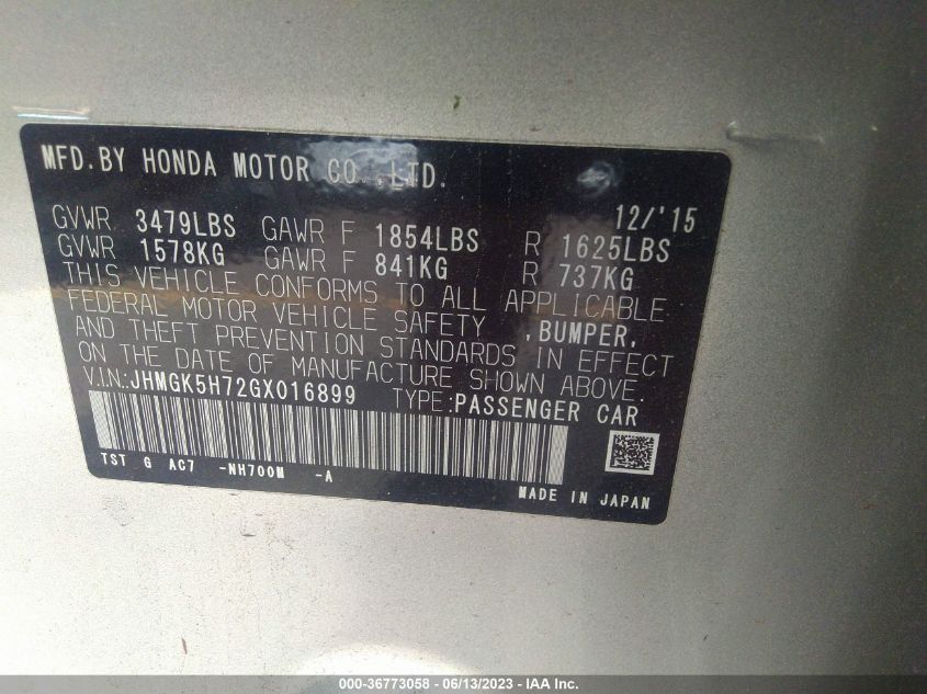 2016 HONDA FIT EX - JHMGK5H72GX016899