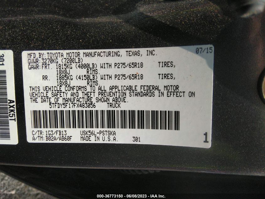 2015 TOYOTA TUNDRA 4WD TRUCK SR5/TRD PRO - 5TFDY5F17FX483056