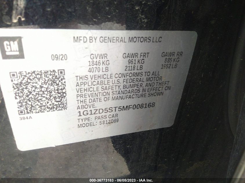 2021 CHEVROLET MALIBU LT - 1G1ZD5ST5MF008168
