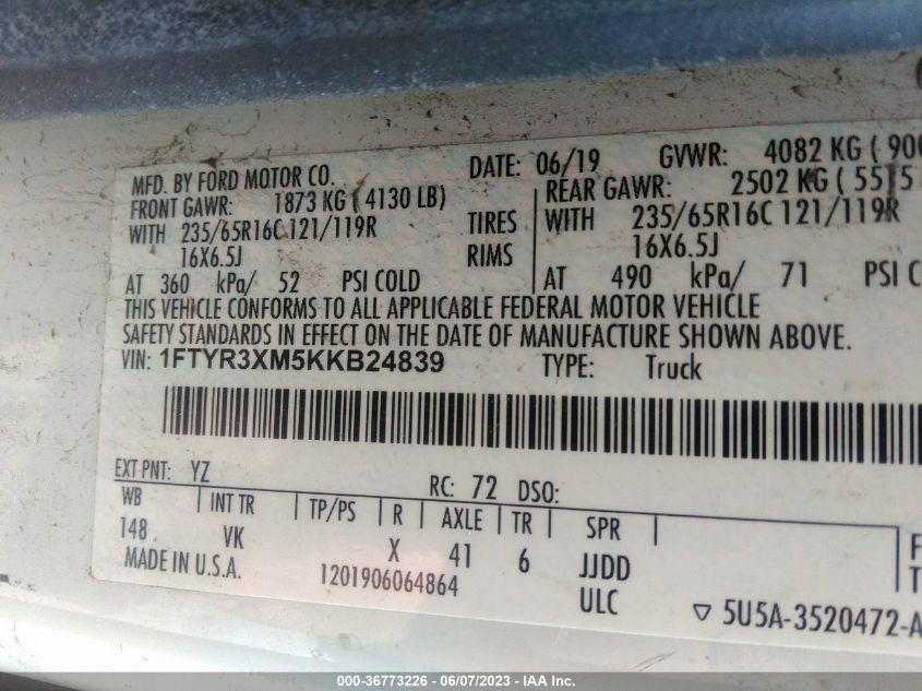 2019 FORD TRANSIT VAN - 1FTYR3XM5KKB24839