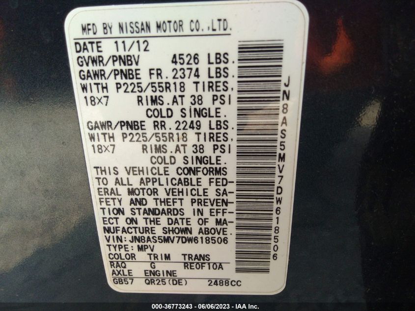 2013 NISSAN ROGUE SL - JN8AS5MV7DW618506