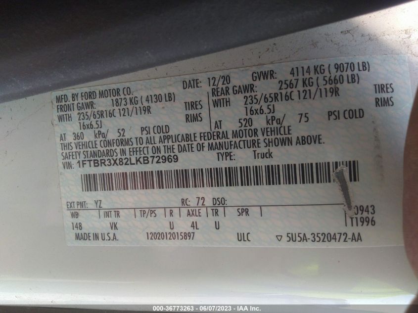 2020 FORD TRANSIT CARGO VAN - 1FTBR3X82LKB72969