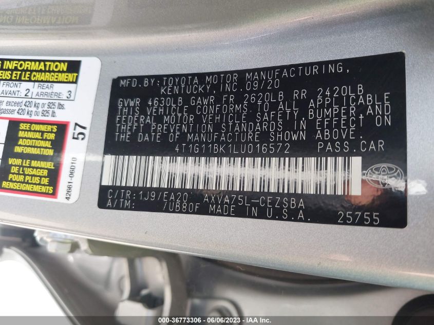2020 TOYOTA CAMRY SE - 4T1G11BK1LU016572
