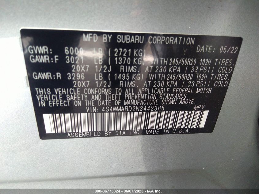 2022 SUBARU ASCENT TOURING - 4S4WMARD2N3442385