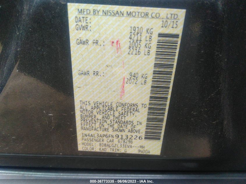 2015 NISSAN ALTIMA 2.5/S/SV/SL - 1N4AL3AP6FN913226