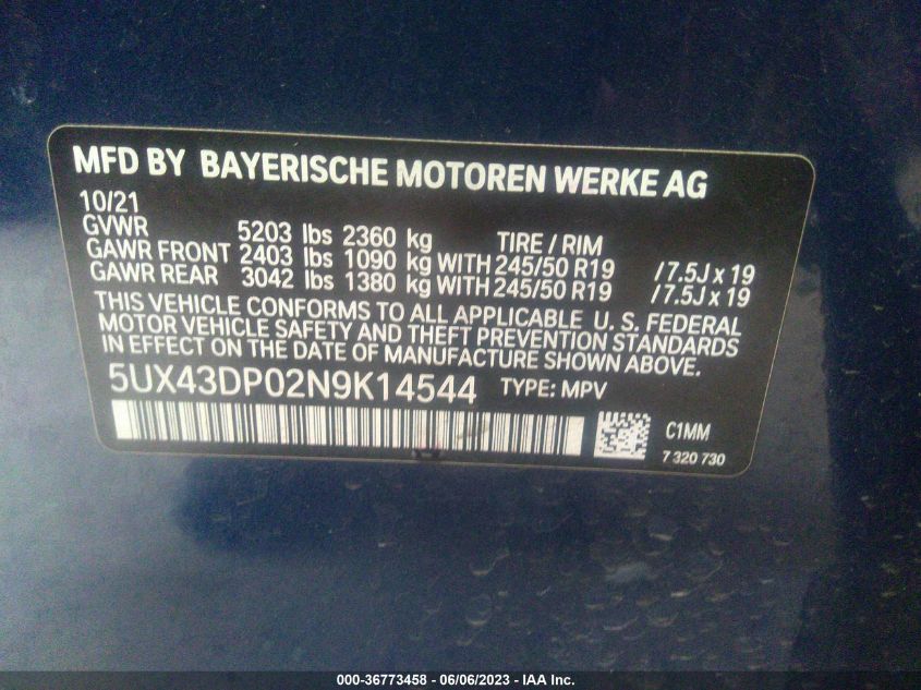 2022 BMW X3 SDRIVE30I - 5UX43DP02N9K14544