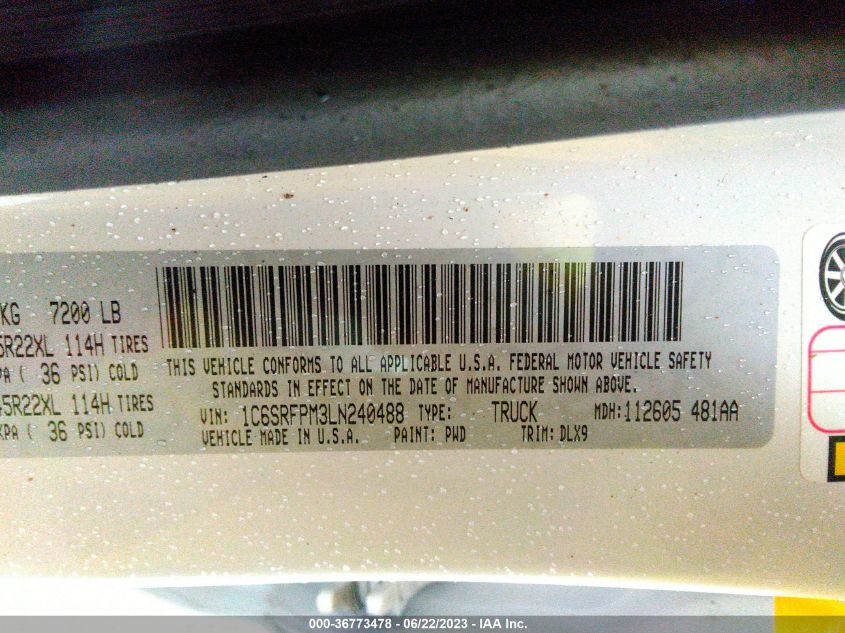 2020 RAM 1500 LIMITED - 1C6SRFPM3LN240488