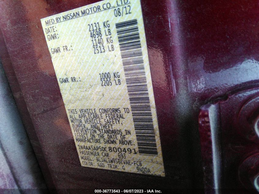 2013 NISSAN MAXIMA S/SV - 1N4AA5AP5DC800491