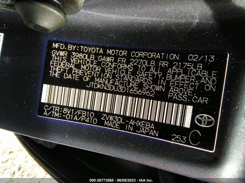 2013 TOYOTA PRIUS ONE/TWO/THREE/FOUR/FIVE - JTDKN3DU3D1656962