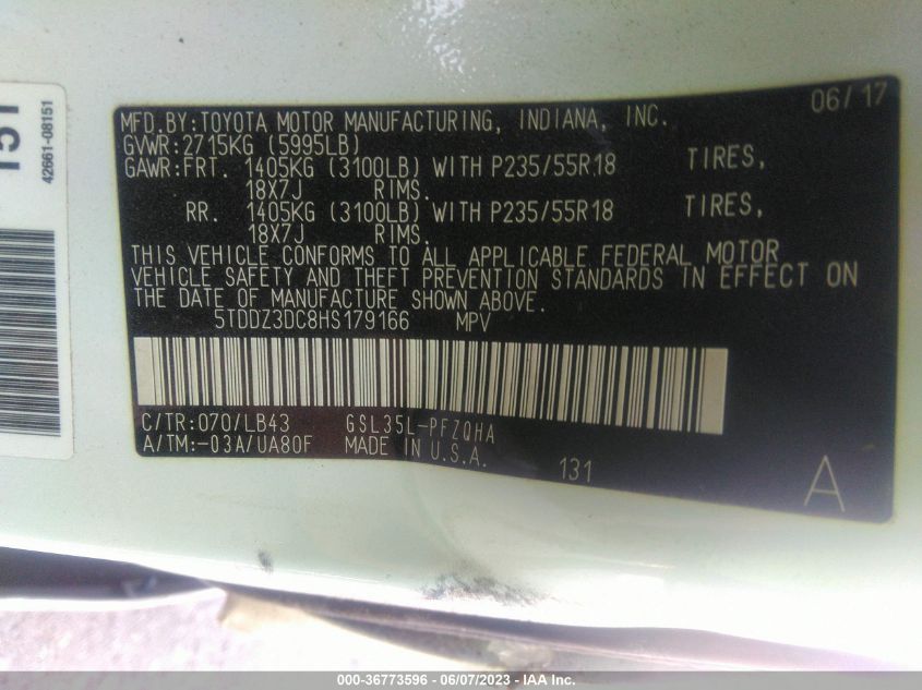 2017 TOYOTA SIENNA XLE - 5TDDZ3DC8HS179166